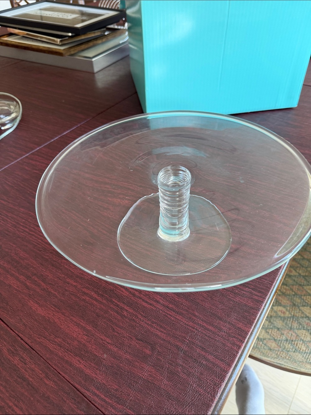 Tiffany & Co. Clear Mesa Glass Pedestal Cake Stand with Aqua Box Accent